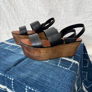 Elizabeth and James Black Wooden Platform Sandal with Ankle Strap, Size 9
